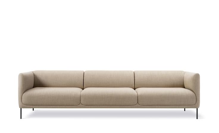 A minimalist three-seater sofa featuring clean lines and a contemporary aesthetic. It has rounded, gently curved armrests and a low-profile design. The sofa is upholstered in a light beige, subtly textured woven fabric. The seat cushions are integrated, giving a smooth, seamless appearance across the three seating sections. It is supported by slender, dark-colored metal legs, elevating the main body slightly off the floor. — 3D model
