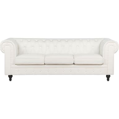 A three-seater chesterfield sofa with tufted upholstery and rolled arms. The sofa is upholstered in a white material and features dark wooden legs. The seat cushions are separate from the main body of the sofa, and the back and armrests are characterized by deep button tufting. — 3D model
