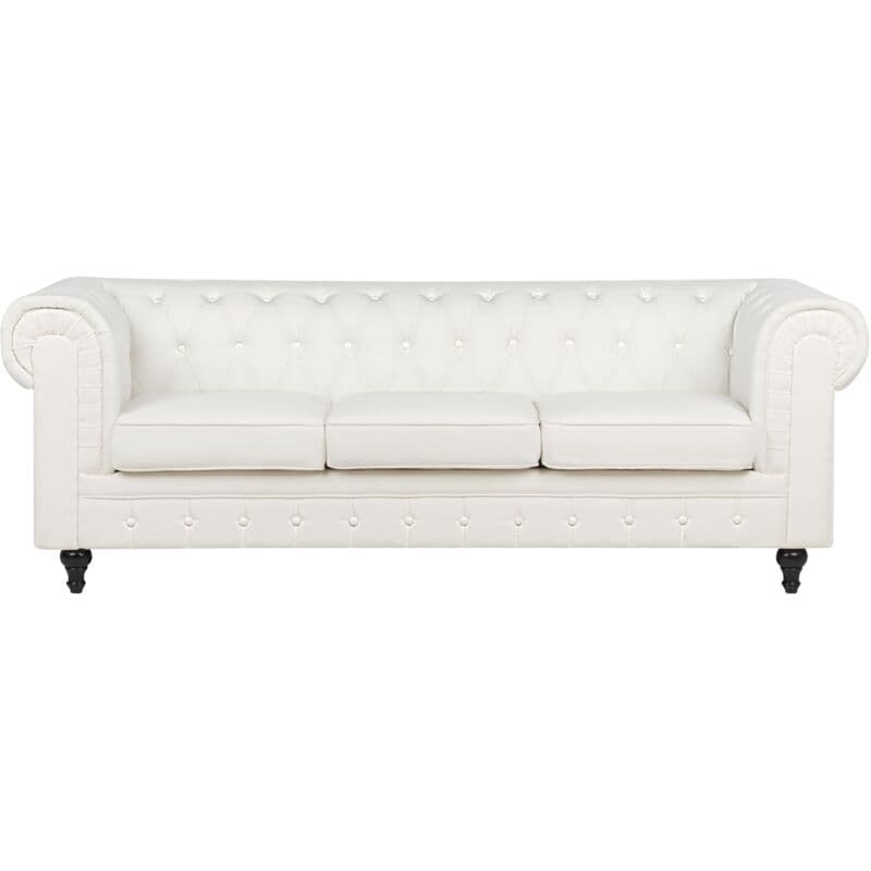 A three-seater chesterfield sofa with tufted upholstery and rolled arms. The sofa is upholstered in a white material and features dark wooden legs. The seat cushions are separate from the main body of the sofa, and the back and armrests are characterized by deep button tufting. — 3D model