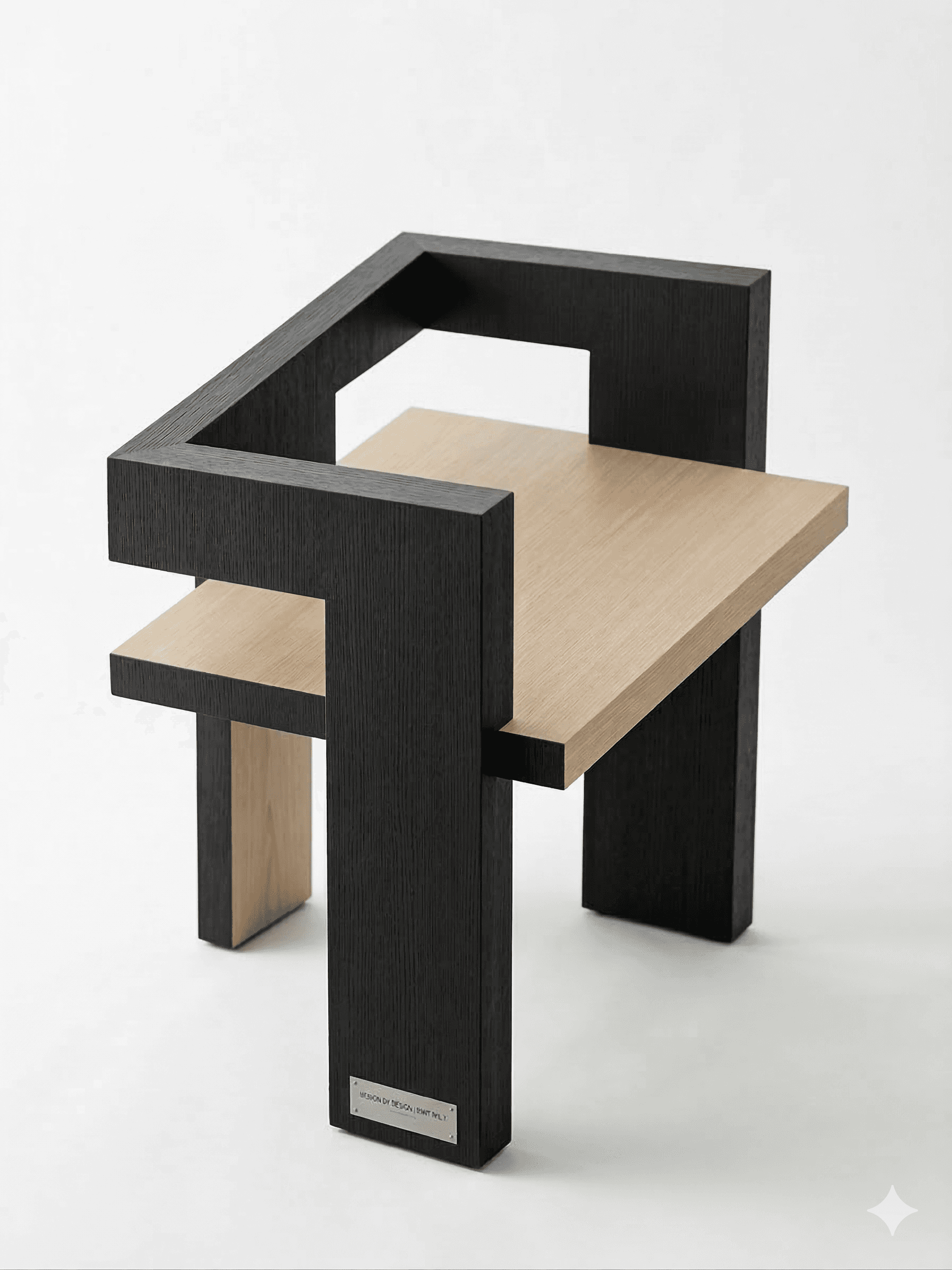 A modern, abstract armchair with a unique geometric design. The chair features a dark-stained wooden frame that forms an open, angular structure. The seat and a partial backrest are made of light-colored wood, possibly oak, with a visible grain. The legs are also constructed from the dark-stained wood, providing a strong, block-like base. A small, metallic plaque is attached to one of the front legs. — 3D model