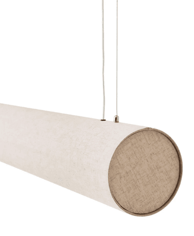 A long, cylindrical pendant light fixture suspended by thin wires, with its body and end caps covered in a light-colored, textured, linen-like fabric. — 3D model
