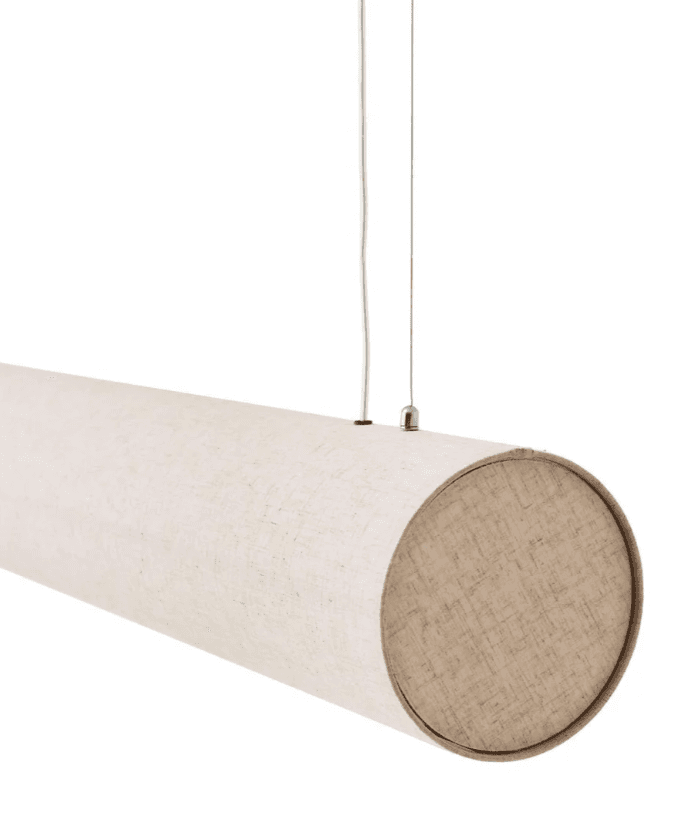 A long, cylindrical pendant light fixture suspended by thin wires, with its body and end caps covered in a light-colored, textured, linen-like fabric. — 3D model