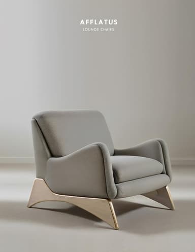 A light gray upholstered armchair with a modern, sculptural wooden base. The chair features curved, padded armrests and a comfortable, slightly reclined backrest. The base consists of two angled, blonde-wood elements that provide support and add a distinctive design touch. — 3D model