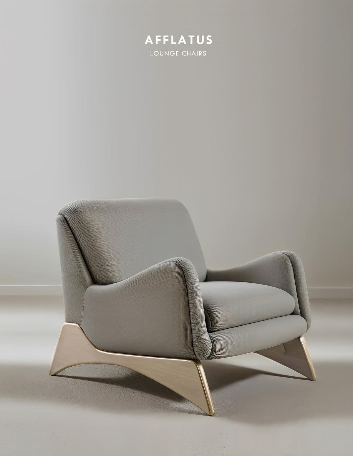 A light gray upholstered armchair with a modern, sculptural wooden base. The chair features curved, padded armrests and a comfortable, slightly reclined backrest. The base consists of two angled, blonde-wood elements that provide support and add a distinctive design touch. — 3D model