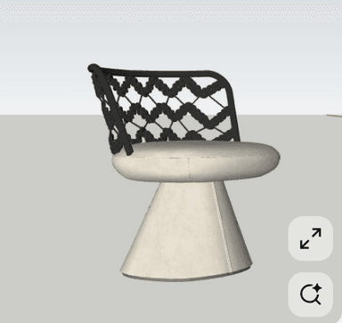 An armless chair featuring a round, upholstered seat and a conical pedestal base, paired with a black metal-framed backrest intricately woven with rope. — 3D model