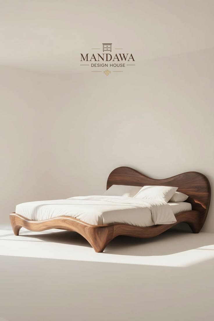 A modern platform bed featuring a distinctive wavy wooden frame and headboard, crafted from dark walnut, with white bedding. — 3D model