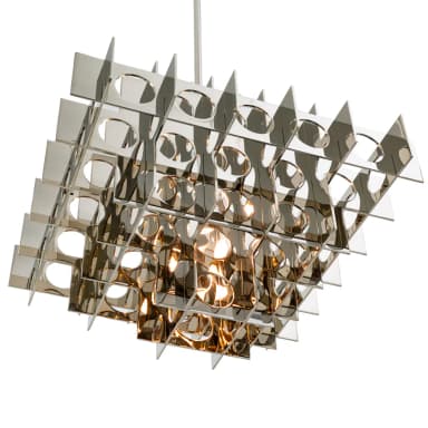 A modern chandelier featuring a modular, geometric design. The fixture is constructed from numerous rectangular and triangular metal elements arranged in overlapping layers, creating a complex, three-dimensional lattice structure. Circular cutouts are present within some of the rectangular panels, allowing light to pass through. The reflective surface gives it a metallic sheen. — 3D model