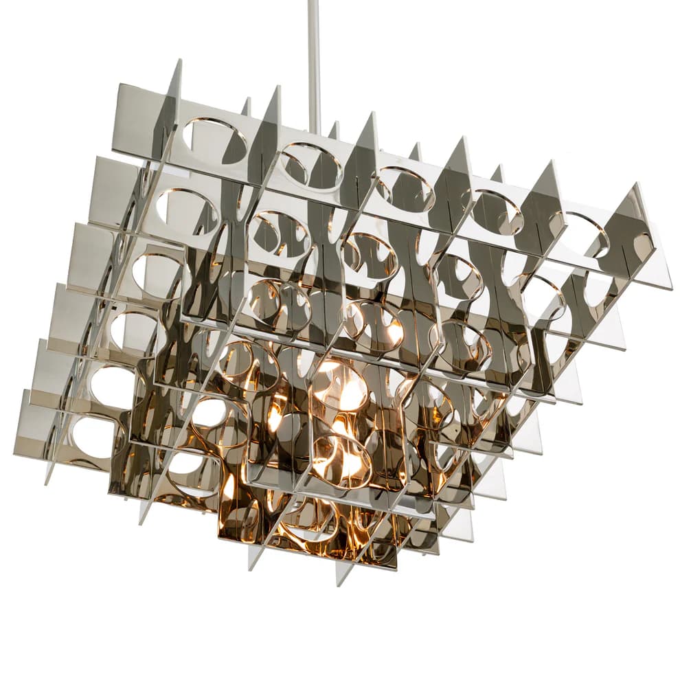 A modern chandelier featuring a modular, geometric design. The fixture is constructed from numerous rectangular and triangular metal elements arranged in overlapping layers, creating a complex, three-dimensional lattice structure. Circular cutouts are present within some of the rectangular panels, allowing light to pass through. The reflective surface gives it a metallic sheen. — 3D model