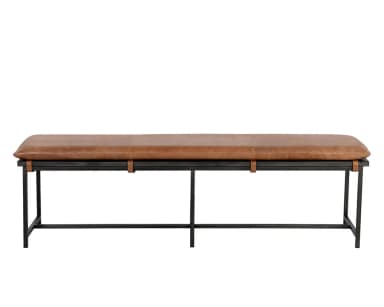 A rectangular bench with a padded seat and a metal frame. The seat is upholstered in brown leather with visible stitching. The frame is constructed from dark-colored metal, possibly iron or steel, with a minimalist design. Leather straps are used to secure the seat to the frame. — 3D model