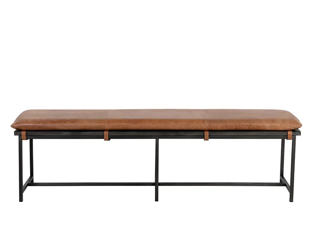 A rectangular bench with a padded seat and a metal frame. The seat is upholstered in brown leather with visible stitching. The frame is constructed from dark-colored metal, possibly iron or steel, with a minimalist design. Leather straps are used to secure the seat to the frame. — 3D model