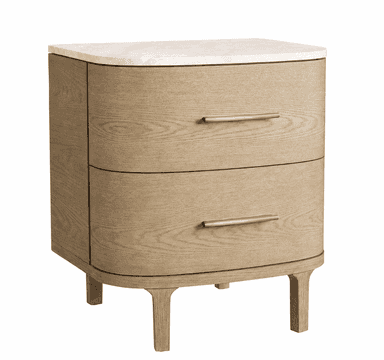 A modern two-drawer nightstand featuring a light-toned marble top and a wooden body with rounded edges. It includes two pull-out drawers with sleek metallic bar handles and stands on short, tapered wooden legs. — 3D model