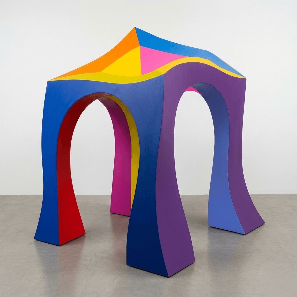 A brightly colored, abstract side table with four arched legs supporting a multi-faceted top. The legs are curved and flare out towards the base, creating an open, airy structure. The top has a complex geometric shape with intersecting planes and curves, painted in a vibrant palette of colors. — 3D model