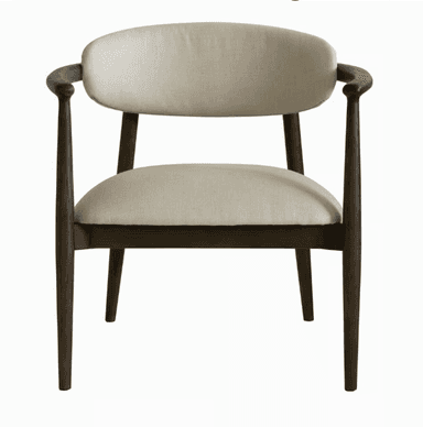 A wooden armchair with upholstered seat and backrest. The armchair features a curved, open back design and curved armrests. The legs are tapered and angled, providing a stable base. The upholstery is a light, neutral fabric. — 3D model