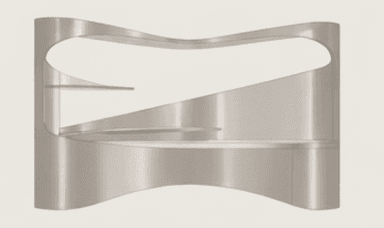 A striking custom-designed corner display unit crafted from curved, brushed stainless steel. It features an organic, wave-like form that seamlessly integrates into a corner, providing both display shelves and a counter-like surface. Integrated LED strip lighting illuminates the interior curves and shelves, highlighting items placed within. The design is modern, minimalist, and highly architectural. — 3D model