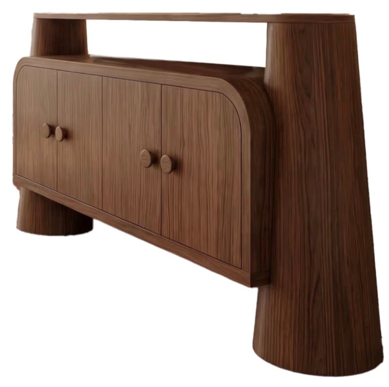 A modern wooden sideboard featuring a long, low cabinet with four doors, rounded corners, and an integrated upper display shelf, supported by two conical legs. — 3D model