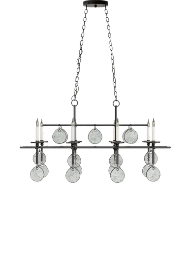 A linear candle-style chandelier suspended by two chains, featuring a black metal frame adorned with mercury glass discs. It has multiple candelabra-style light sources. — 3D model