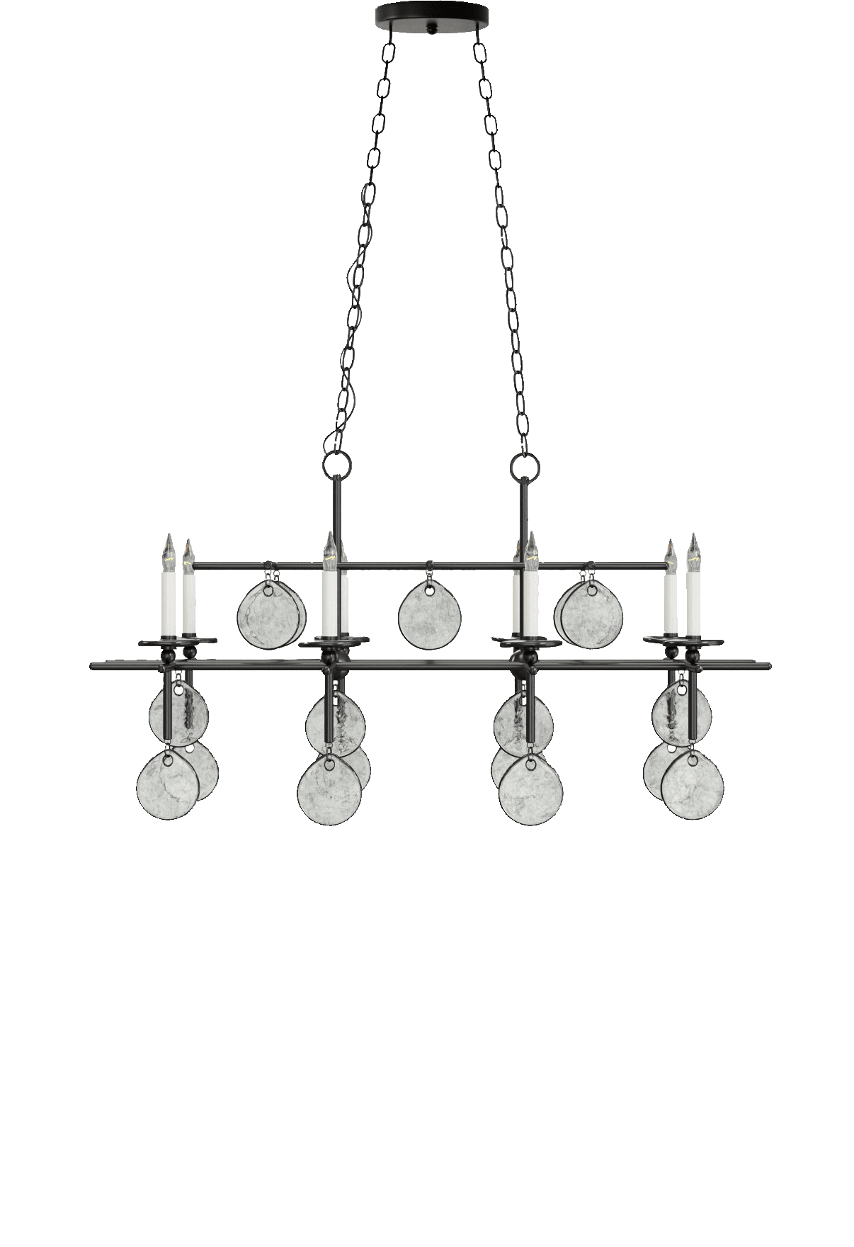 A linear candle-style chandelier suspended by two chains, featuring a black metal frame adorned with mercury glass discs. It has multiple candelabra-style light sources. — 3D model