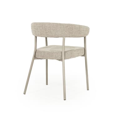 A contemporary armchair with a gently curved back and seat, upholstered in a textured beige fabric. The chair features slender, brushed metal legs and a minimalist frame, providing a modern aesthetic. — 3D model