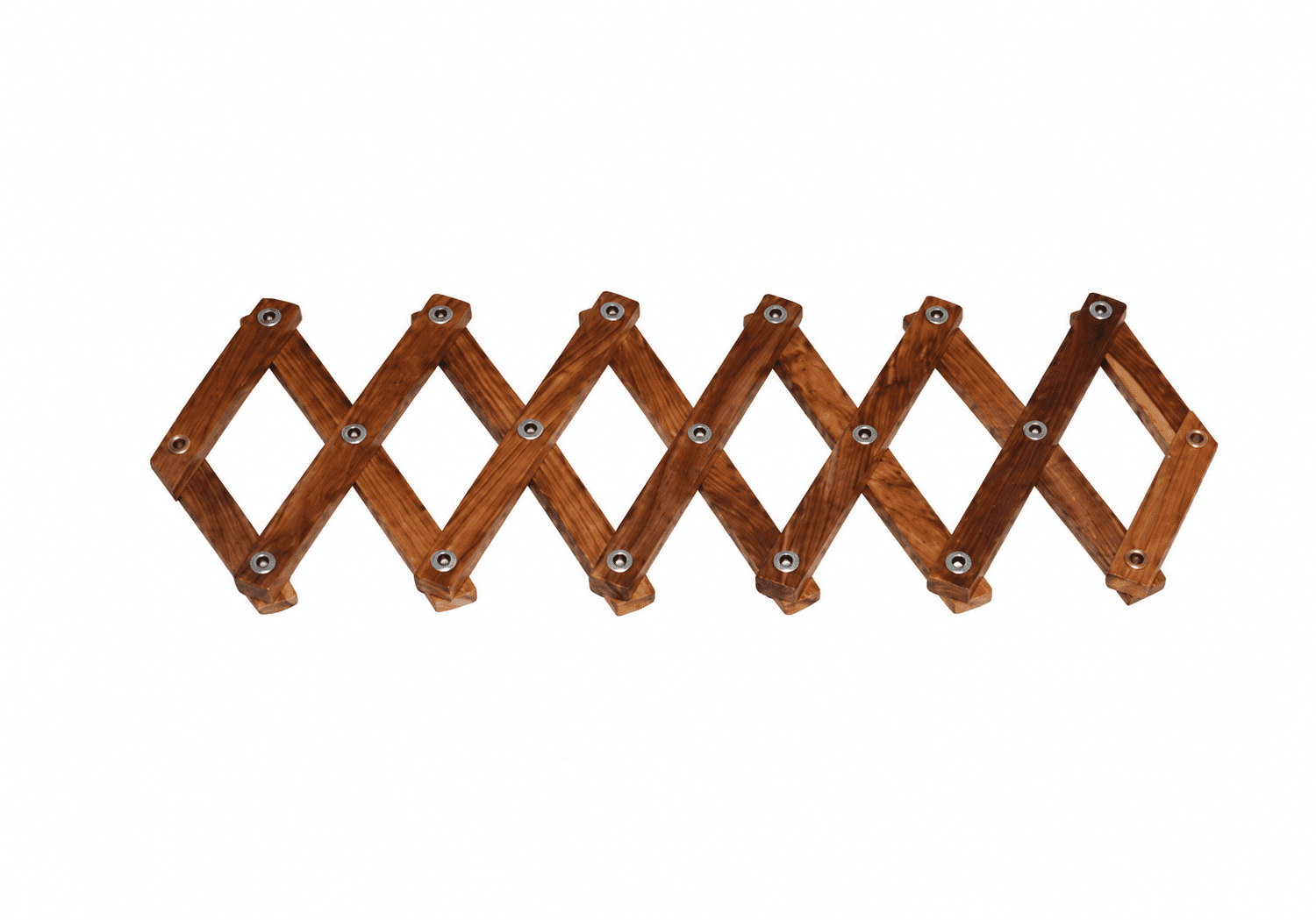 A wooden expandable coat rack, designed for wall mounting. It features an accordion-style lattice structure made from stained wooden slats connected by metal rivets, allowing it to expand and contract. Along the bottom edge of the expanded structure, there are wooden pegs or extensions that function as hanging points for coats, hats, or other items. The wood has a warm, medium brown finish, and the metal components are visible as silver-toned circular rivets. — 3D model