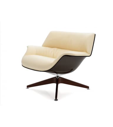 A modern lounge chair featuring a continuous, curved shell made from dark-stained molded plywood. The chair incorporates light-colored upholstered pads for the seat and lower back. It is supported by a dark-finished, four-star swivel base with splayed legs. — 3D model