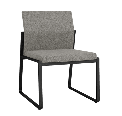 A modern upholstered chair with a black metal frame. The seat and backrest are upholstered in a textured gray fabric. The frame has a simple, clean design with square legs that extend to form the base. — 3D model