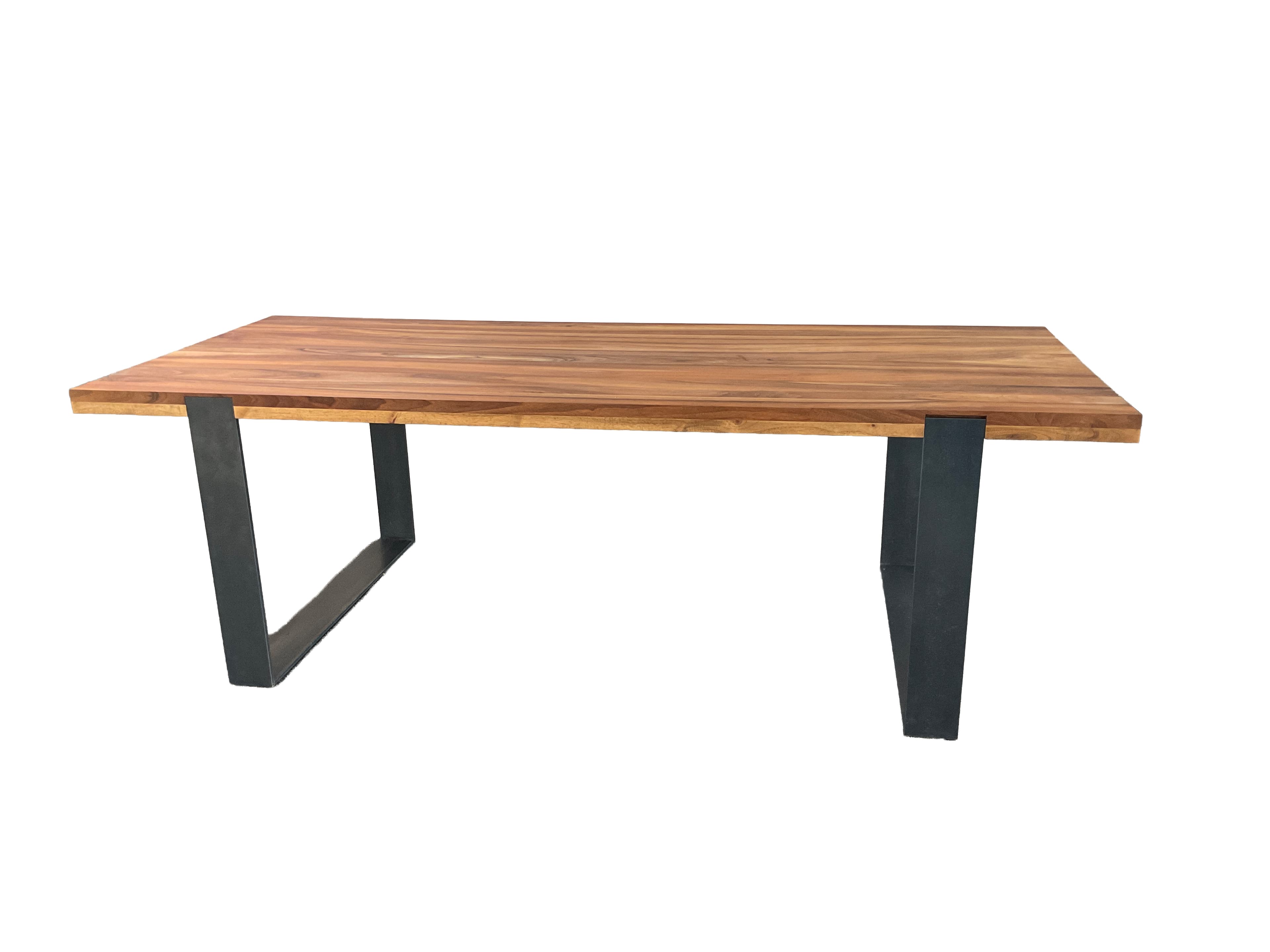 A rectangular dining table with a solid wood top and two metal legs. The wood top exhibits a natural grain pattern and a warm, brown hue. The legs are U-shaped, made of dark gray metal, and provide a modern contrast to the organic wood. — 3D model