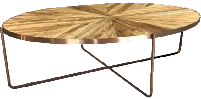 An oval coffee table with a distinctive sunburst pattern on its surface, created by segmented wooden pieces. The table features a thin metallic rim and a base composed of four slender legs that cross in an 'X' formation, also made of metal. — 3D model