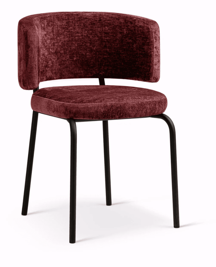 A contemporary dining chair featuring a fully upholstered seat and a curved, armless backrest, supported by slender matte black metal legs. The upholstery is a rich burgundy-hued, textured fabric. — 3D model