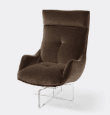 A modern armchair with a high, enveloping backrest and integrated armrests. The upholstery features deep button tufting on the seat and back. The chair is supported by a distinctive X-shaped base constructed of polished metal. — 3D model