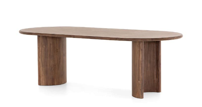 An oval console table made from solid dark wood, featuring a smooth, elongated tabletop supported by two cylindrical or half-cylindrical pedestal bases. — 3D model