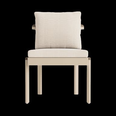 A contemporary armchair with a rectilinear metal frame in a light beige finish, featuring thick upholstered seat and back cushions in a textured off-white fabric. — 3D model