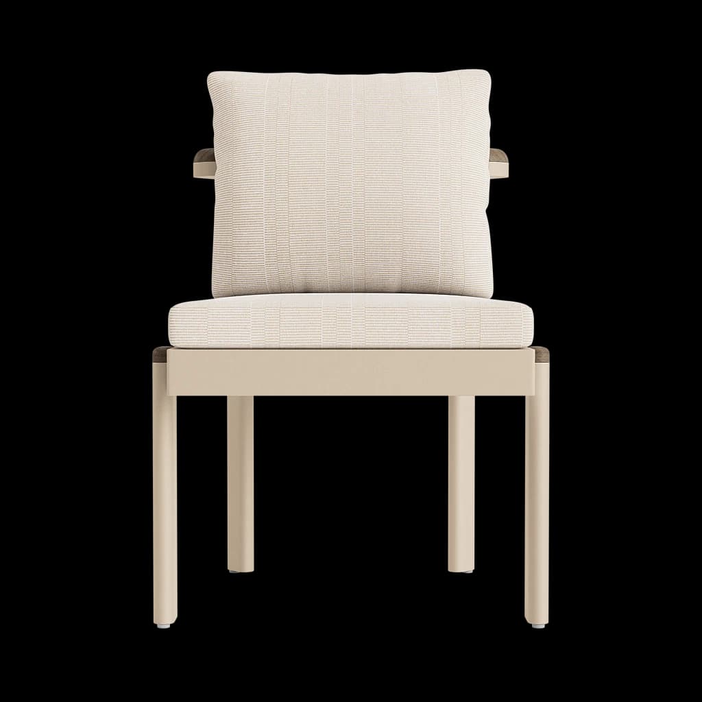 A contemporary armchair with a rectilinear metal frame in a light beige finish, featuring thick upholstered seat and back cushions in a textured off-white fabric. — 3D model