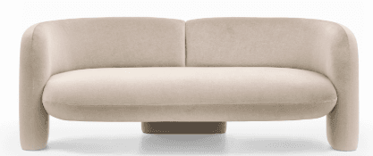 A modern, low-profile sofa with rounded, soft edges and a plush upholstered finish. It features a continuous back and armrest design that curves downwards, creating a unified form. The seating area is composed of a single, deep cushion, and the back is divided by a subtle seam. The sofa is supported by a rectangular plinth base, which is also upholstered and matches the main body of the sofa. — 3D model