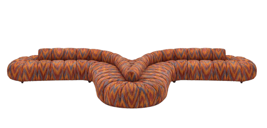 A modular V-shaped sectional sofa upholstered in a vibrant, multi-colored chevron patterned fabric with channeled detailing. — 3D model