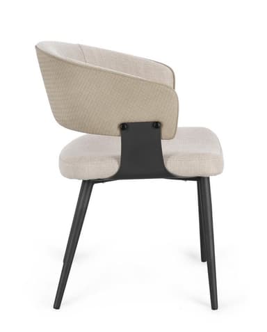 A contemporary dining chair with a curved upholstered backrest and seat. The chair features four slender, tapered legs made of dark metal. The upholstery is a light beige fabric with a subtle woven texture on the backrest and a more pronounced texture on the seat. Black metal supports connect the backrest to the frame. — 3D model