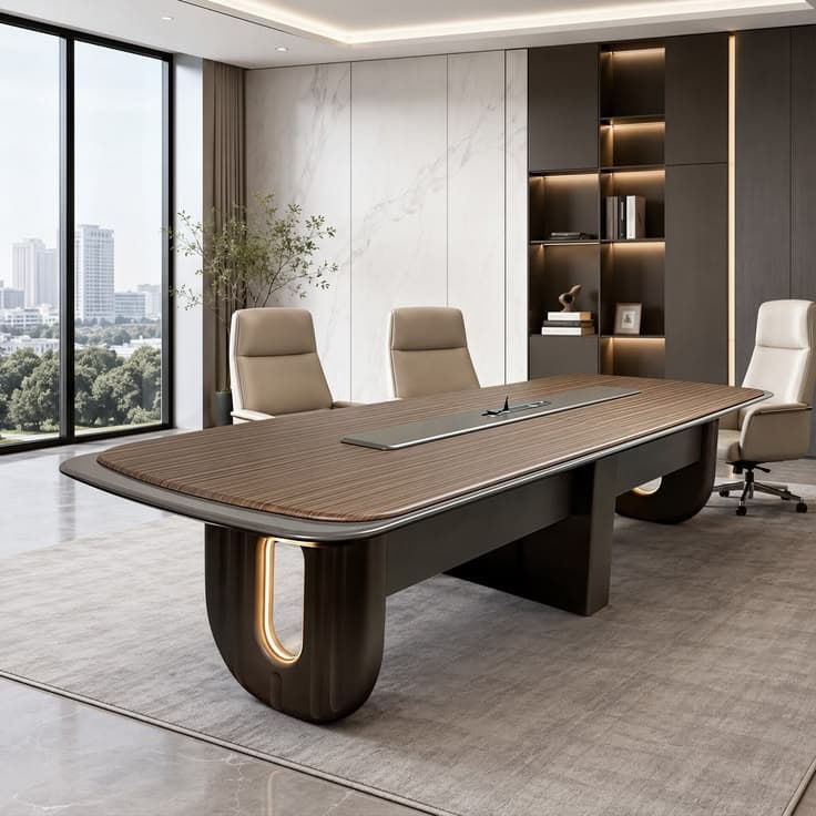 A sleek, modern conference table featuring a dark wood veneer top with rounded corners. The tabletop is bordered by a thin, dark gray metallic trim. A central, recessed metallic module runs lengthwise down the center of the table, likely for power and data connections. The table is supported by robust, U-shaped legs and block-like supports, all in a dark, possibly metallic, finish. Some legs incorporate bronze-colored accents or integrated lighting elements. — 3D model
