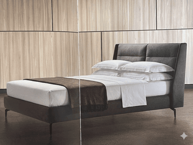 A modern upholstered bed frame with a headboard featuring vertical tufting. The bed is made up with white sheets, pillows, and a brown throw blanket. — 3D model