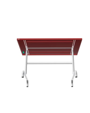 A rectangular table with a vibrant red tabletop and a silver-colored metal base. The base consists of two U-shaped legs connected by a horizontal support bar, offering a modern and minimalist aesthetic. A small rectangular logo is visible on the underside of the tabletop. — 3D model