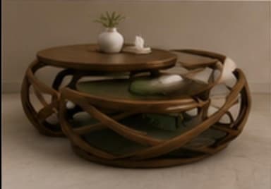 A modern multi-level coffee table featuring a distinctive interwoven wooden lattice base that supports two circular tabletops. One tabletop is higher and made of a natural wood tone, while the larger, lower tabletop features a smooth, matte green surface. The upper wooden top appears to be designed to swivel over the lower green section, creating flexible surface area. The overall aesthetic combines natural wood textures with a contemporary design and a pop of color. — 3D model