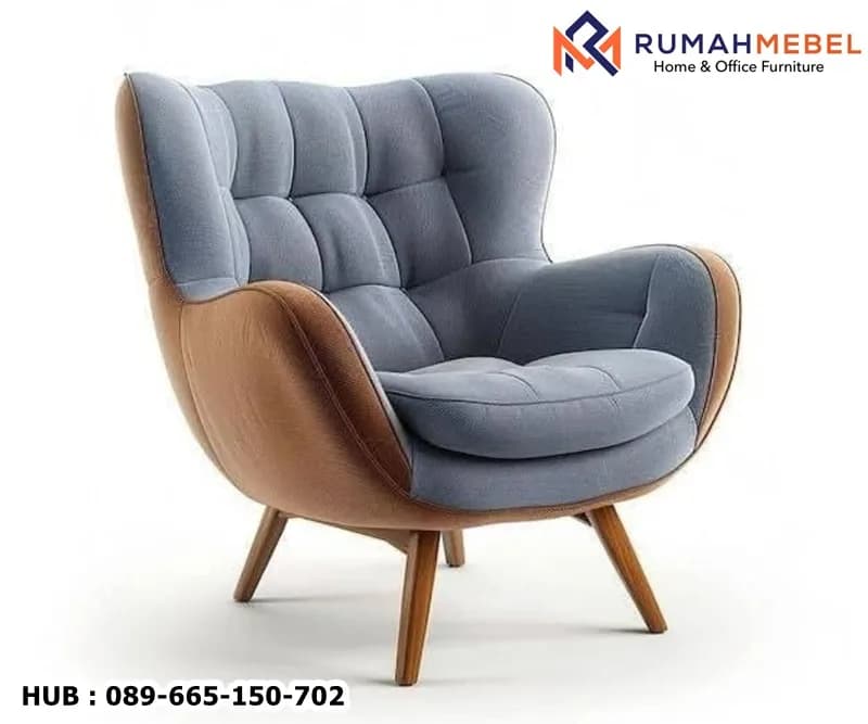 A modern armchair with a tufted upholstered seat and back, featuring a contrasting brown material on the outer shell and wooden legs. The armchair has a curved silhouette and a high back. — 3D model