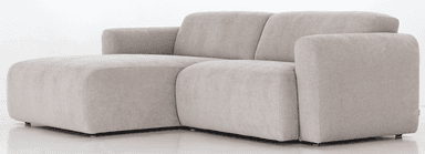 A sofa viewed from the back, featuring a neutral-toned fabric upholstery. The sofa appears to have a modern design with rounded armrests visible on the sides. The back is divided into two distinct cushioned sections, separated by a vertical seam. Small, dark-colored feet are visible at the base. A small, light-colored tag with an emblem is attached to the lower corner of the right side. — 3D model