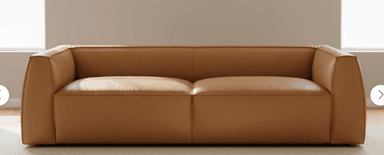 A minimalist, low-profile two-seater sofa upholstered in tan leather, featuring clean lines and integrated, slightly rounded armrests and backrest. — 3D model