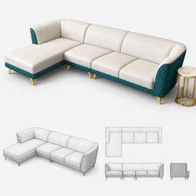 A modern L-shaped sectional sofa with a right-hand chaise, featuring cream-colored smooth upholstery on seating surfaces and a contrasting deep teal quilted fabric on the base and armrests, supported by golden-finished tapered metal legs. — 3D model