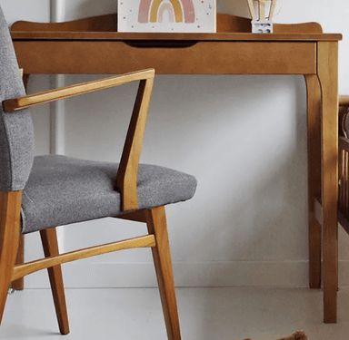 A compact wooden writing desk featuring a minimalist design. It includes a raised top shelf (hutch) with compartments, a single recessed drawer, and sturdy A-frame legs on the sides connected by stretchers. The natural wood grain is visible throughout. — 3D model