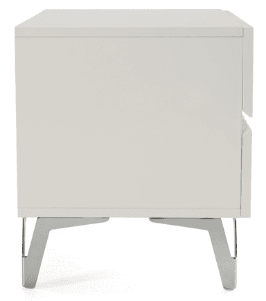 A modern white lacquered nightstand featuring two drawers with integrated recessed handles and supported by splayed polished metal legs. — 3D model