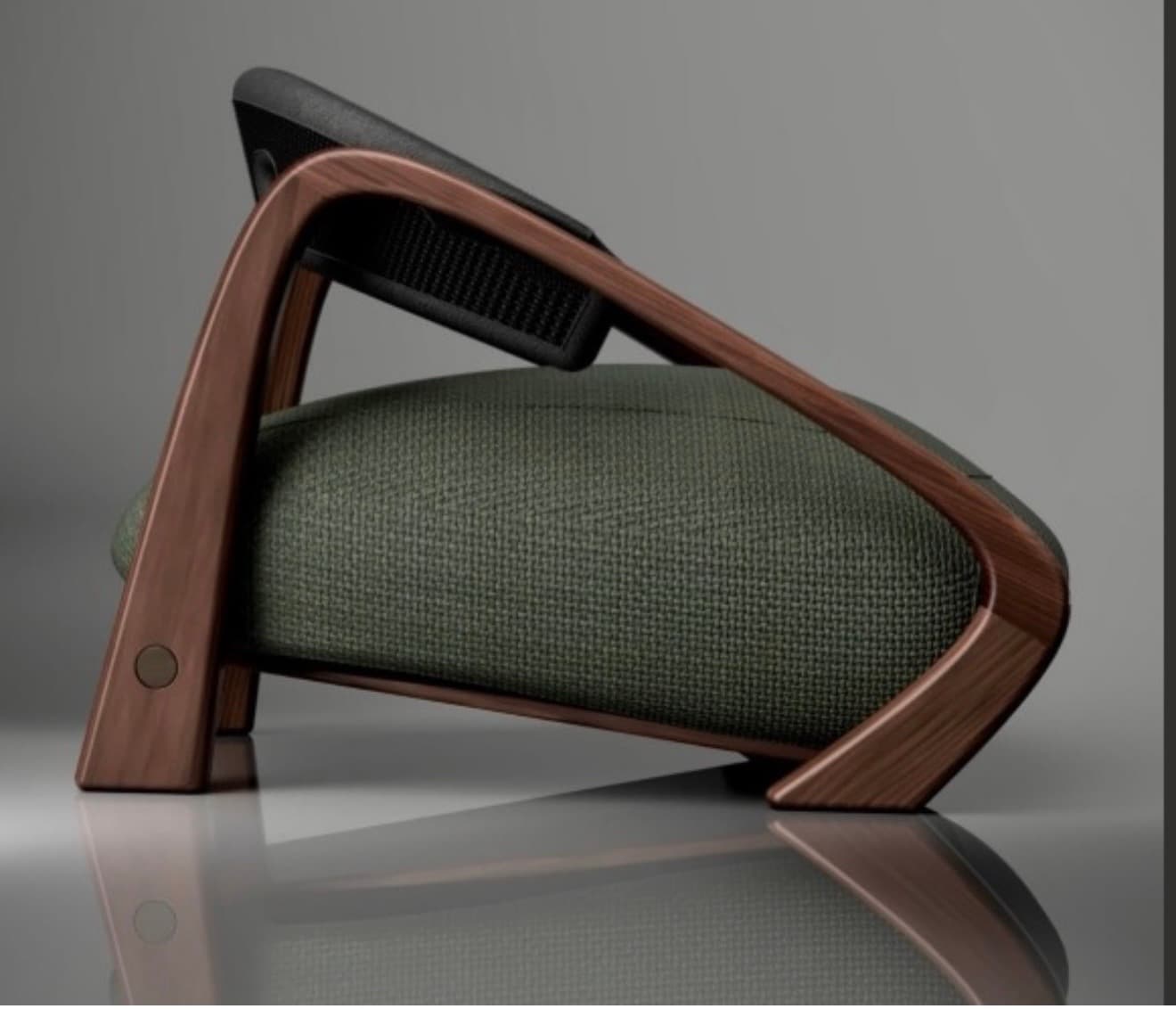 A modern lounge chair featuring a distinctive curved, dark-toned wooden frame that forms both the arms and legs. The seat and lower back are upholstered in a dark green, textured fabric, while the upper backrest is a separate, contrasting black, possibly mesh or woven textile component. — 3D model