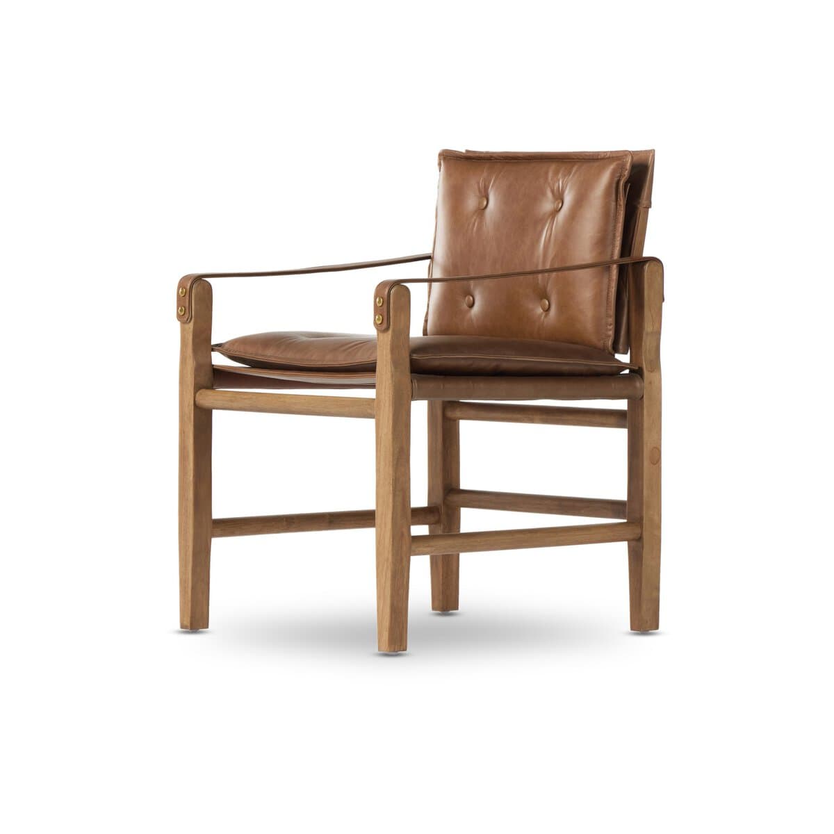 A natural wood-framed lounge chair featuring distressed brown leather cushions and leather strap armrests. The backrest cushion is button-tufted, and the frame is constructed from light-toned solid wood with visible joinery and brass-toned hardware. — 3D model