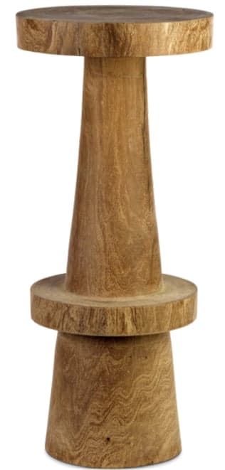 A tall, cylindrical wooden table featuring a round top and base, connected by a tapered central column. The wood shows natural grain patterns and a rustic, unfinished edge on the top and mid-section, indicating a solid wood construction. — 3D model