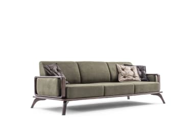 A modern three-seater sofa featuring an exposed dark wood frame and olive green fabric upholstery. It includes three individual seat cushions and three back cushions, accompanied by several smaller accent pillows, some of which are tufted. The distinctive open armrests are integrated into the frame, which extends to form tapered, angled legs. — 3D model