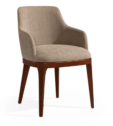 A side view of a upholstered armchair with a wooden base and legs. The backrest is curved and forms into armrests. The upholstery appears to be a textured fabric, and the base is a dark polished wood. — 3D model